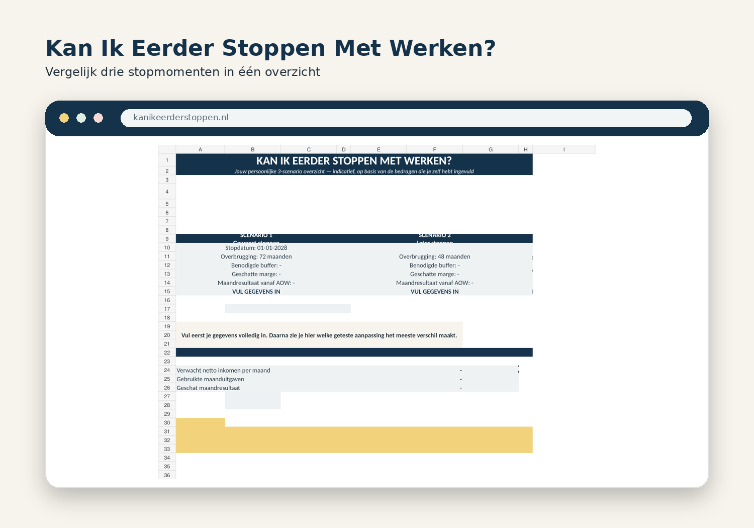 Overzicht van de calculator met drie stopmomenten naast elkaar